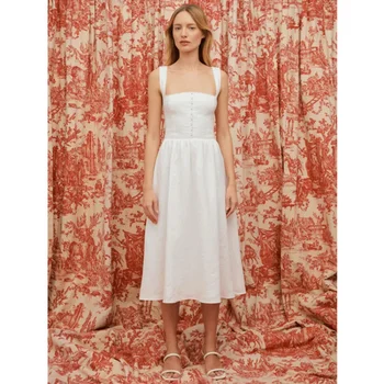 Новое летнее Белое платье с квадратным ремешком на шее средней длины 2023, Женское платье во французском ретро-стиле.