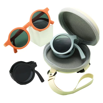 Новые летние детские складные солнцезащитные очки с защитой от ультрафиолета, круглые солнцезащитные очки в стиле ретро для девочек и мальчиков, коробка для хранения детских очков для пляжных путешествий
