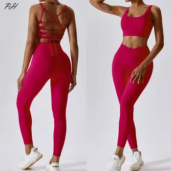 Новый спортивный костюм для йоги с перекрещивающимися ремешками, бюстгальтер на спине, сексуальный комплект леггинсов с V-образной талией, дышащий облегающий спортивный комплект для фитнеса.