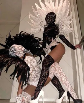 Ночной клуб bar ds сексуальное черно-белое кружево в маске с высокой спинкой из страусиных волос, женский костюм gogo