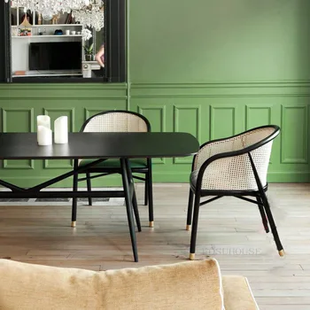 Обеденные стулья из массива дерева, Скандинавская мебель для столовой, Плетеное из ротанга Домашнее Ретро-кресло, Обеденный стул со спинкой для отдыха.