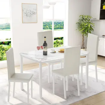 Обеденный набор из 5 предметов, кухонный стол с мраморной столешницей, 4 прочных черных стула с обивкой из искусственной кожи для уголка для завтрака