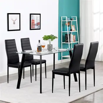 Обеденный стол из 5 предметов, 4 обеденных стула с сиденьями из искусственной кожи, стол из закаленного стекла, металлическая мебель для кухни, черный