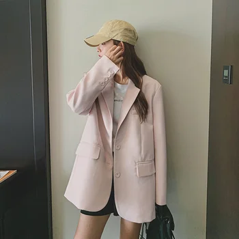 Однобортный розовый блейзер в корейском стиле, пальто 2023, Весна-осень, Женский Элегантный модный повседневный свободный костюм, пальто, верхняя одежда 3022
