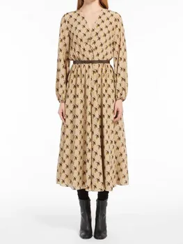 Осеннее платье Миди с животным принтом 2022, женское платье из 100% шелка с поясом, V-образный вырез, длинный рукав, эластичный пояс, халат для женщин