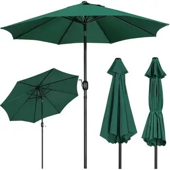 Открытый зонт для патио, 9-футовый тент, Водонепроницаемый навес из полиэстера, 8 нержавеющих металлических ребер, наклоняющийся навес, ручной кривошипный подъем