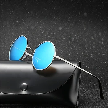 Поляризованные солнцезащитные очки в круглой оправе для мужчин и женщин, модный тренд, дизайн, Вождение автомобиля, Металлические, черные, синие Солнцезащитные очки, Зеркало для очков 2023
