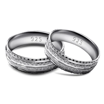 Простое полосатое складное парное кольцо из стерлингового серебра 925 пробы Пара обещает настоящую серебряную свадьбу, помолвку, высокие ювелирные изделия