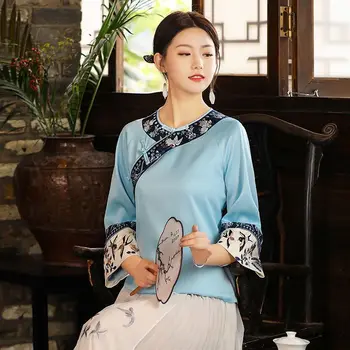 Ретро вышитый чайный костюм эпохи Тан, женский китайский костюм с коротким темпераментом, наклонная планка с круглым вырезом, модифицированная куртка чонсам