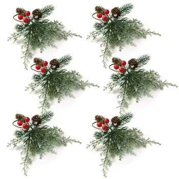 Рождественские кольца для салфеток, набор из 6 колец-держателей для салфеток с искусственными сосновыми шишками, декор из красных ягод