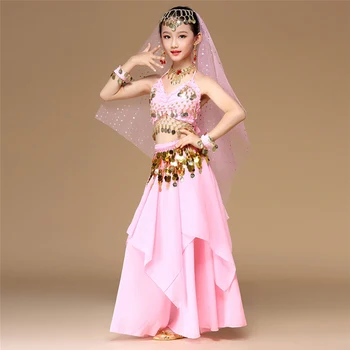 Розовый 5шт Детский костюм для танца живота Розовые костюмы для танца живота для девочек, детские костюмы для танца живота для девочек, комплект индийской танцевальной одежды из Болливуда