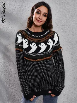 Свитера на Хэллоуин, черный джемпер, женская зимняя одежда, вязаный пуловер, топы, уличная одежда с круглым вырезом, свитер с принтом Черепа