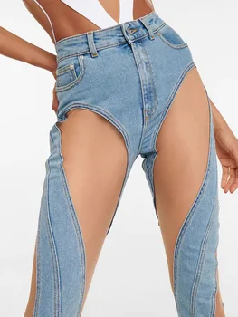 Сексуальные сетчатые лоскутные прозрачные джинсы-скинни для женщин 2023, Новинка весны, дизайнерские джинсовые брюки-карандаш с разрезом на высокой талии, ZN197