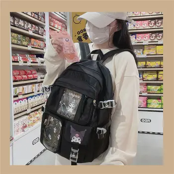 Симпатичная студенческая школьная сумка Sanrio из нейлона через плечо, универсальный компьютерный рюкзак Kuromi большой емкости