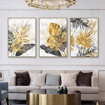 Скандинавский плакат с золотыми листьями, печать на холсте, абстрактные тропические пальмы, настенные рисунки для декора интерьера современной гостиной