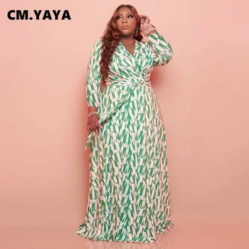 СМ. YAYA, женское платье большого размера с принтом, длинный рукав, V-образный вырез, бандажные пояса, Свободные трапециевидные Длинные платья Макси, Модные осенние платья