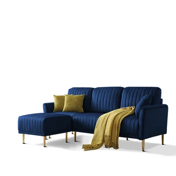 Современный, обитый бархатом реверсивный секционный диван на 3 места, L-образный диван с подвижной оттоманкой и золотыми ножками для гостиной