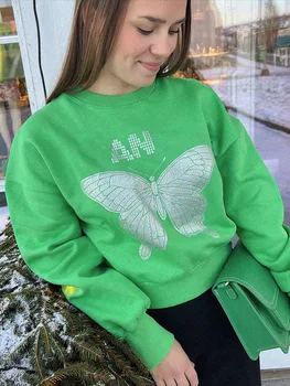 Толстовка с принтом бабочки, женский повседневный пуловер из органического хлопка с круглым вырезом, топы, простые Элегантные толстовки, Женская одежда 2023