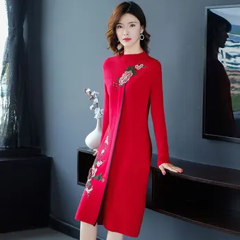 Традиционное Китайское Платье Для Женщин, Улучшающее Платье Чонсам Ципао, Высококачественное Вязаное Китайское Новогоднее Красное Платье FF2516