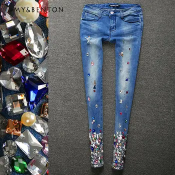 Узкие джинсы для тяжелой промышленности, расшитые бисером, Женские весенне-летние джинсовые укороченные брюки с завязками на щиколотках, узкие джинсы-карандаш