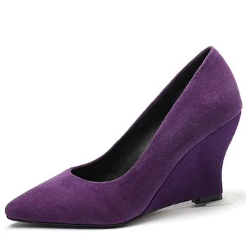 Фиолетовые туфли на танкетке и каблуке, Женские туфли-лодочки, Элегантные свадебные туфли из натуральной кожи, женские весенне-осенние туфли на танкетке для женщин