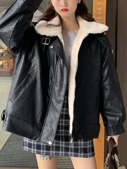 Черная зимняя кожаная куртка Женская Корейская мода Теплое Свободное кожаное пальто из искусственного меха Женская осенняя Винтажная повседневная Шикарная байкерская куртка