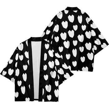Черный, белый цвет Кимоно с принтом Love Heatr, кардиган сращивания, Японское традиционное повседневное Свободное пальто, Брюки, Азиатская одежда Harajuku