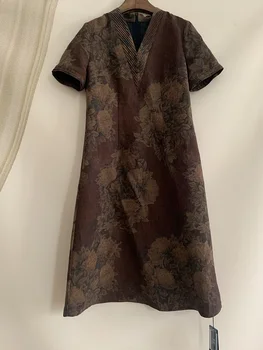 Шелковые платья Gambiered GuangDong, женское шелковое длинное платье с V-образным вырезом и мелким цветочным рисунком, для похудения, Весна-лето 2023, модное платье миди