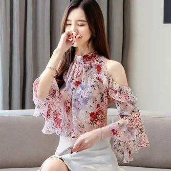 Шифоновая блузка Женские цветы Корейская модная Женская одежда Летние Свободные топы с короткими рукавами и открытыми плечами Одежда для женщин