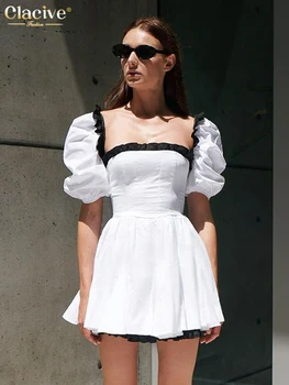 Элегантное летнее Белое облегающее платье с разрезом, Модное мини-платье с квадратным воротником и коротким рукавом, Элегантные Тонкие платья с высокой талией, Женские