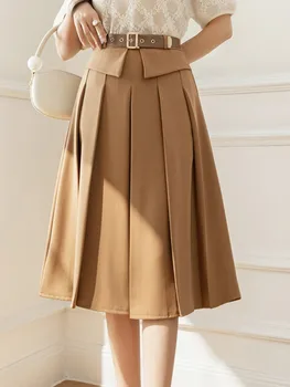 Элегантные Корейские женские плиссированные юбки с высокой талией и поясом, новинка 2023 года, весенне-летние однотонные офисные юбки миди для женщин