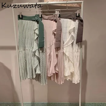 Юбки Kuzuwata с Нерегулярными Плиссированными Оборками И Высокой Талией С Поясом 2023 Ранней Весны Jupes в Японскую Клетку Mujer Faldas с Защитными Шортами