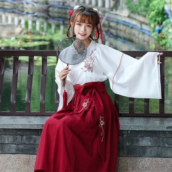 Японское платье, женское кимоно, кардиган, юбка для девочек, топ, комплект с цветочной вышивкой, длинный рукав, Древний восточный костюм из 2 предметов