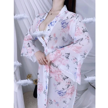 Японское Сексуальное Кимоно, Женское Азиатское Стильное Модное Домашнее белье, Повседневная Пижама с цветочным принтом, Женская Свободная одежда для искушения